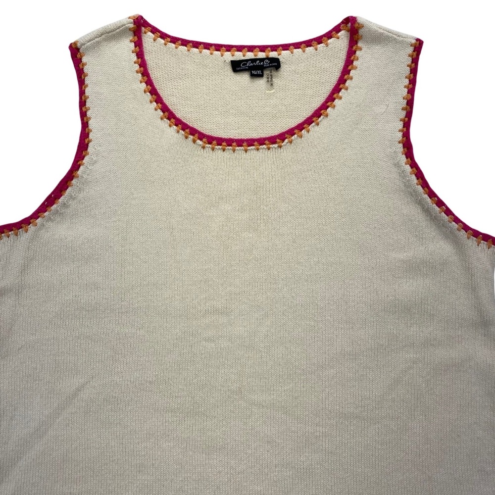Charlie B Knit‎ Tank Top Womens XL Cream Pink Orange Contrast Trim Crewneck